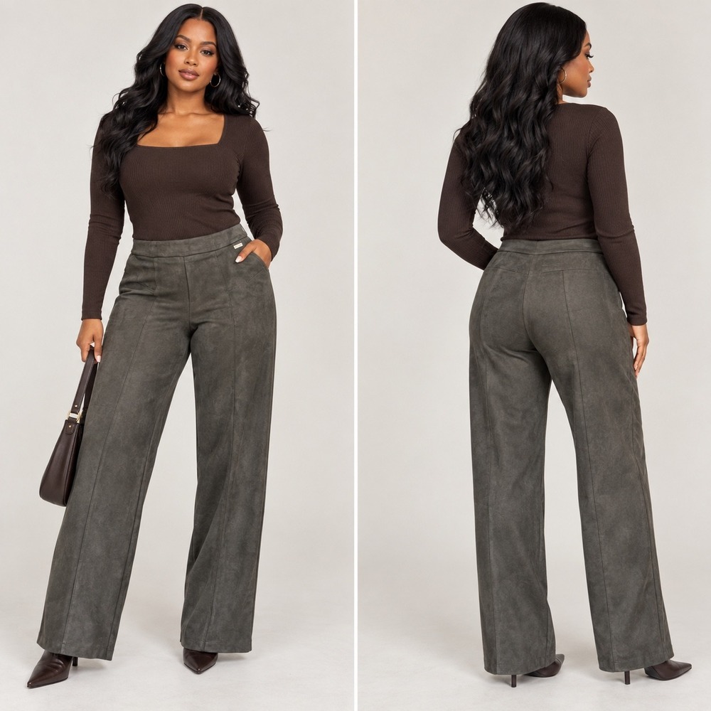 Marc New York Andrew Marc Gray Faux Suede Wide Leg Pants L Pull On Neutral Chic